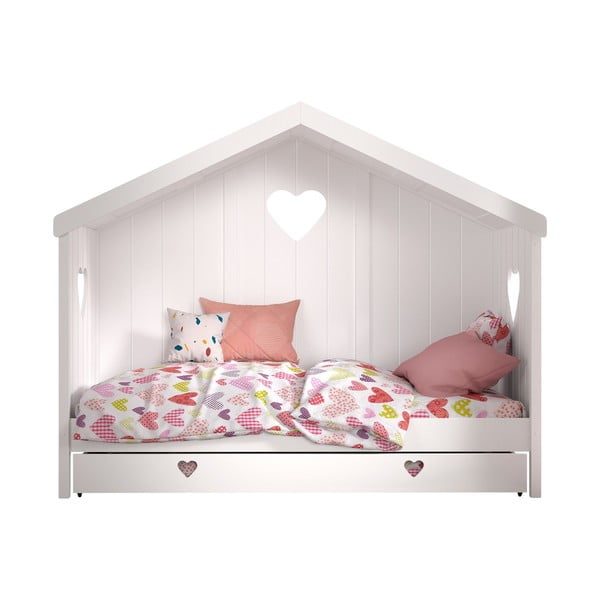 Białe łóżko dziecięce z litego drewna sosnowego w kształcie domku z wysuwanym łóżkiem ze schowkiem 90x200 cm AMORI – Vipack