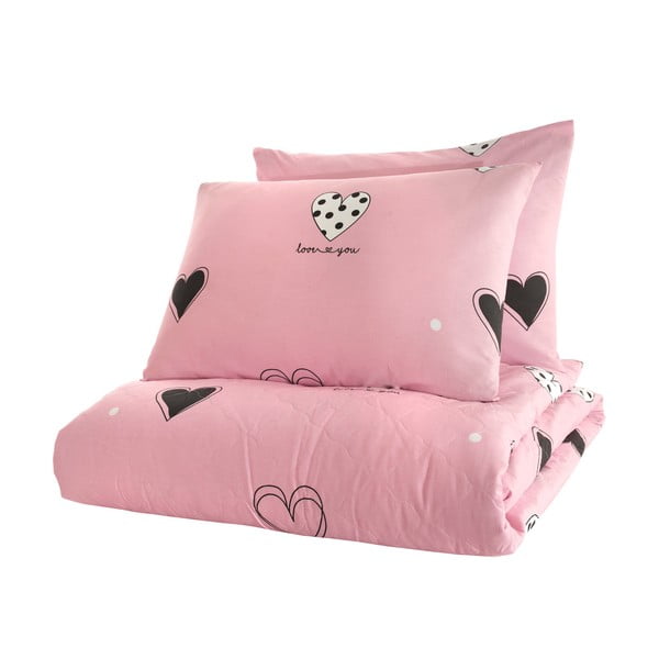 Różowa narzuta z 2 poszewkami na poduszki z bawełny ranforce Mijolnir Hati, 225x240 cm