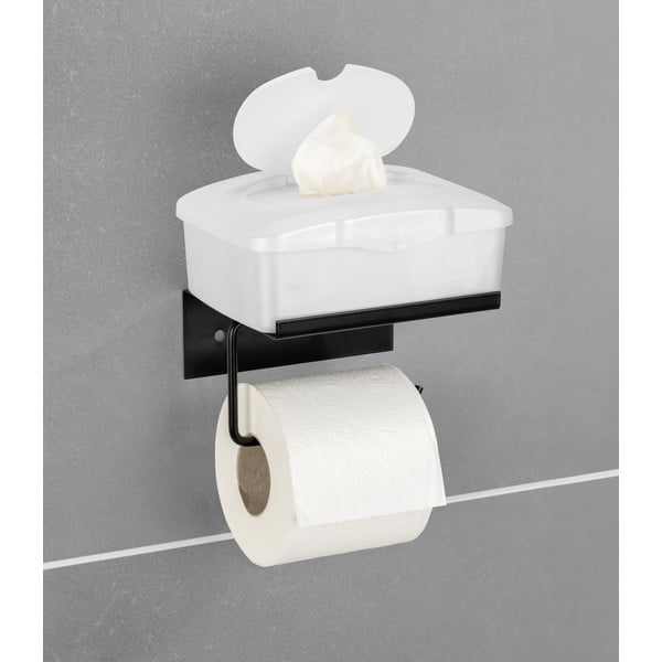 Czarny samoprzylepny metalowy uchwyt na papier toaletowy z półką Desulo – Wenko-image-1
