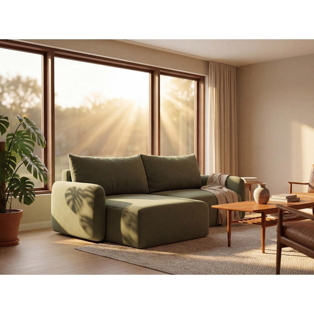 Zielona aksamitna rozkładana sofa ze schowkiem 216 cm Kalena – Makamii (zdjęcie 9)