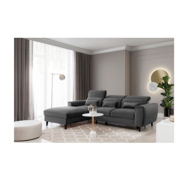 Ciemnoszary aksamitny rozkładany/ze schowkiem narożnik (lewostronny/z szezlongiem) Foble – ELTAP-image-3