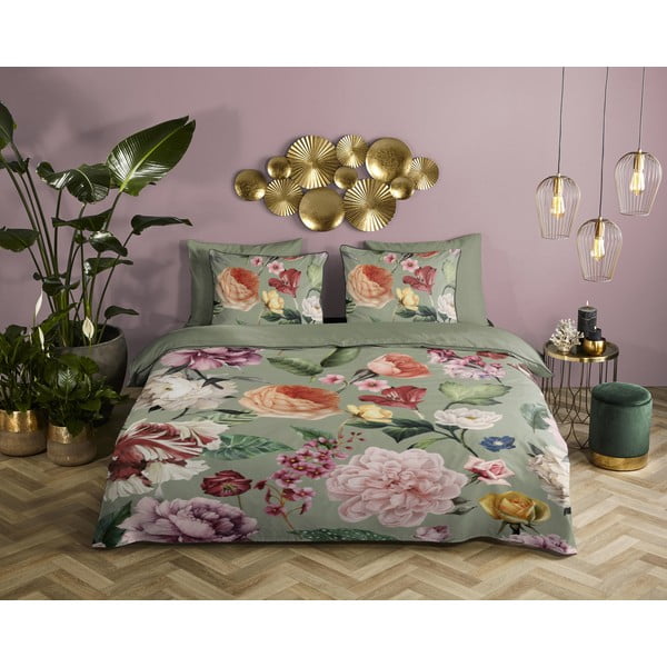 Zielona pościel jednoosobowa z satyny bawełnianej 140x220 cm Fiori – Descanso-image-1