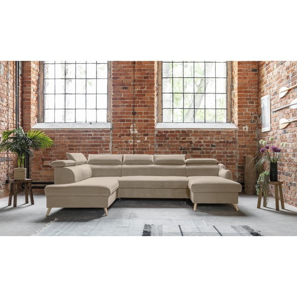 Beżowy aksamitny rozkładany narożnik (lewostronny/w kształcie litery U) Sweet Harmony – Miuform-image-1