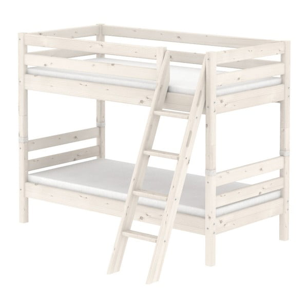 Białe dziecięce łóżko piętrowe z drewna sosnowego z drabinką Flexa Classic, 90x200 cm