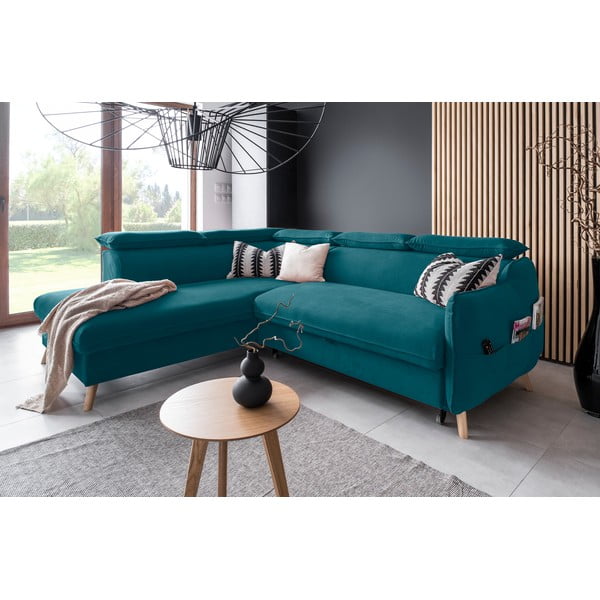 Turkusowy aksamitny rozkładany narożnik (lewostronny) Sweet Harmony – Miuform-image-4