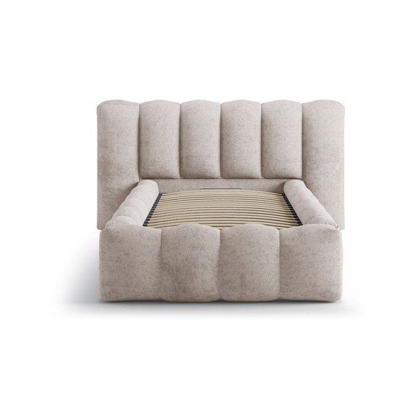 Jasnobrązowe tapicerowane łóżko jednoosobowe ze schowkiem i stelażem 90x200 cm Lupine – Micadoni -image-3