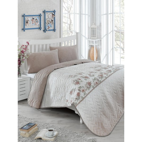 Zestaw narzuty na łóżko i poszewki na poduszkę z domieszką bawełny Eponj Home Lustro Brown, 160x220 cm