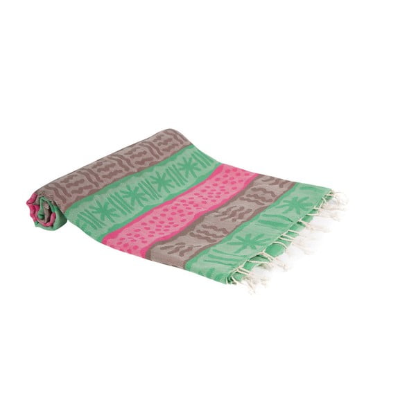 Zielono-różowy ręcznik kąpielowy tkany ręcznie Ivy's Emine, 100x180 cm