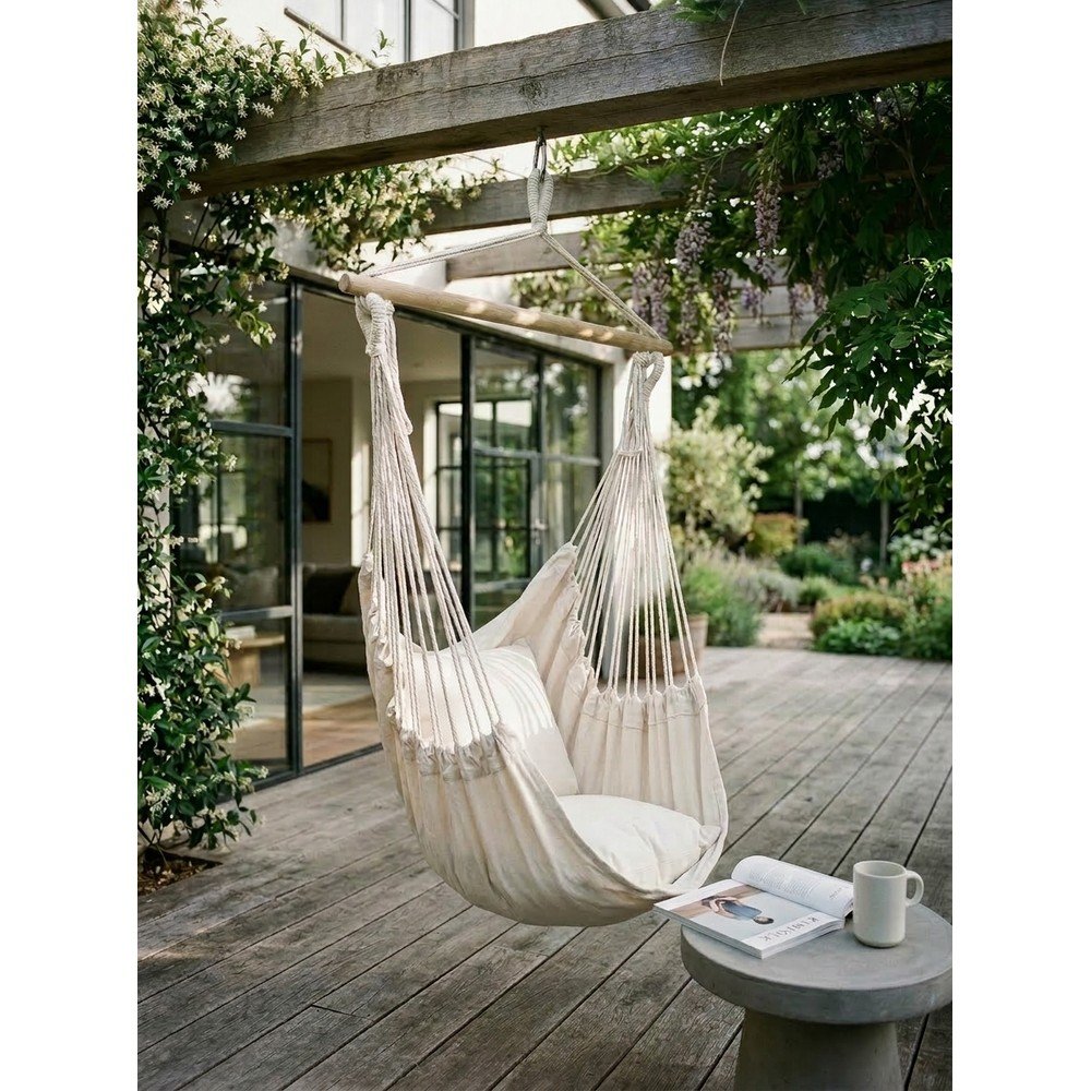 Kremowy tapicerowany wiszący fotel ogrodowy Tobago – Garden Pleasure (zdjęcie 6)