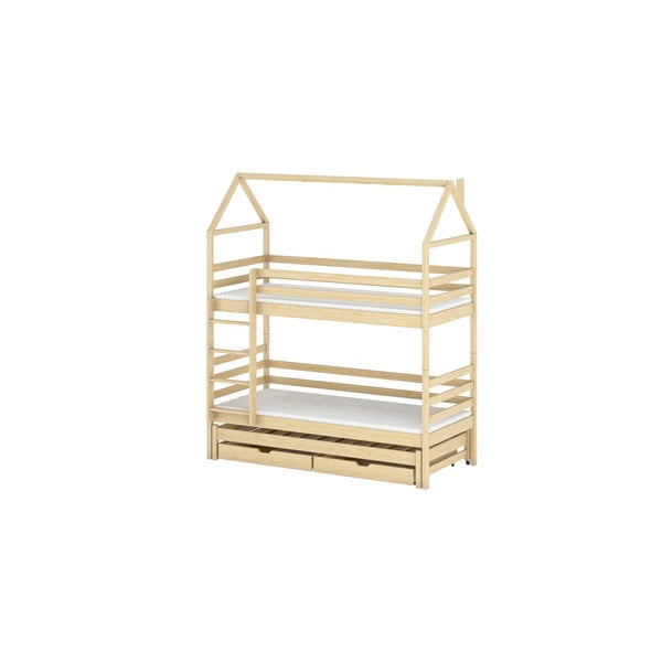 Piętrowe łóżko dziecięce z drewna sosnowego w kształcie domku ze schowkiem 90x190 cm Dalia – Lano Meble