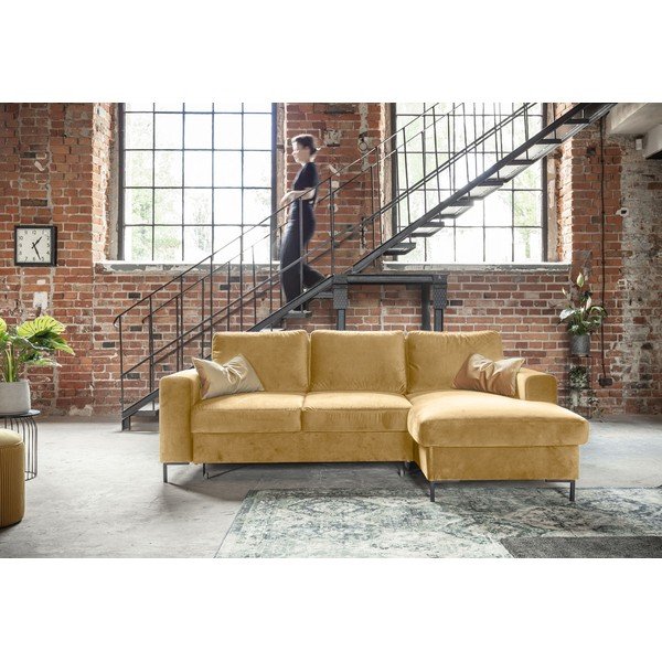 Musztardowożółty aksamitny narożnik rozkładany Miuform Lofty Lilly, prawostronny-image-1