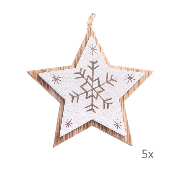 Zestaw 5 białych drewnianych ozdób wiszących w kształcie gwiazdy Dakls, dł. 7,5 cm