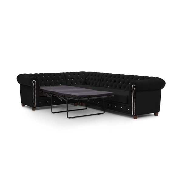 Czarny aksamitny rozkładany narożnik (lewostronny/w kształcie litery L) York Blik – Ropez-image-2