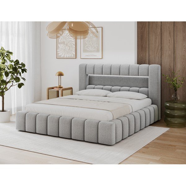 Szare tapicerowane łóżko dwuosobowe ze schowkiem ze stelażem 140x200 cm Lamica – ELTAP-image-1