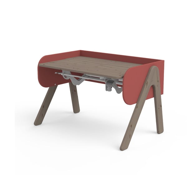 Ciemnobrązowo-czerwone biurko z drewna sosnowego z regulacją wysokości Flexa Woody