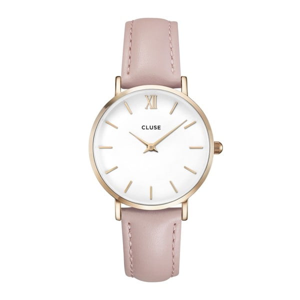 Zegarek damski z różowym skórzanym paskiem i detalami w kolorze różowego złota Cluse La Minuit