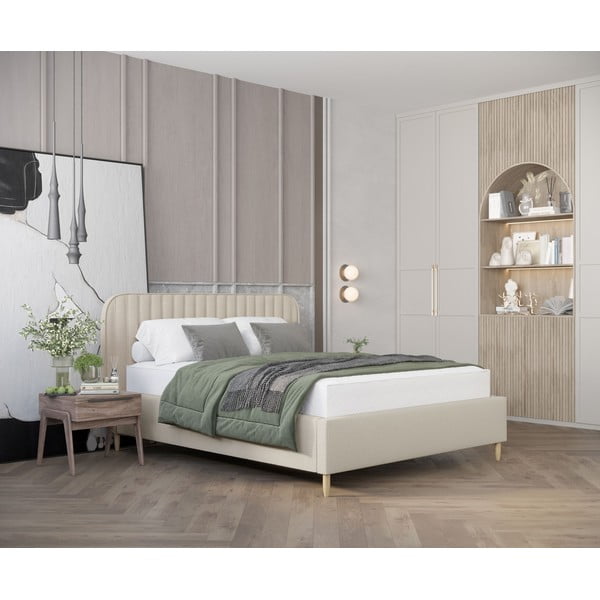 Beżowe tapicerowane łóżko dwuosobowe ze schowkiem i stelażem 140x200 cm Noto – Maison de Rêve-image-1