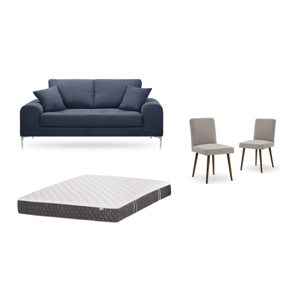 Zestaw 2-osobowej ciemnoniebieskiej sofy, 2 szarobrązowych krzeseł i materaca 140x200 cm Home Essentials