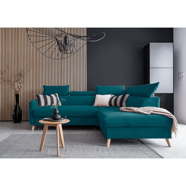 Turkusowy aksamitny rozkładany narożnik (prawostronny) Sweet Harmony – Miuform-image-1