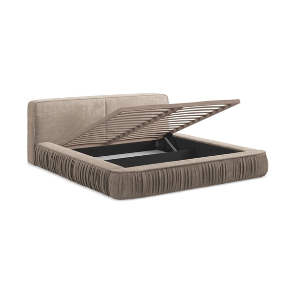 Beżowe tapicerowane łóżko dwuosobowe ze schowkiem i stelażem 160x200 cm Keoni – Makamii-image-3