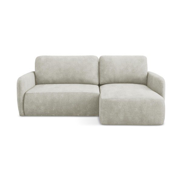 Kremowy narożnik rozkładany z tkaniny szenilowej ze schowkiem (prawostronny/z szezlongiem) Lilo – Makamii