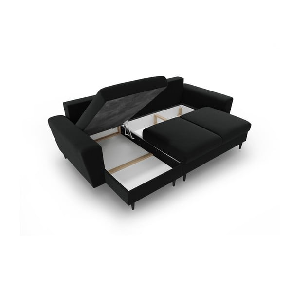 Czarny aksamitny rozkładany narożnik ze schowkiem Kyoto – Cosmopolitan Design-image-3