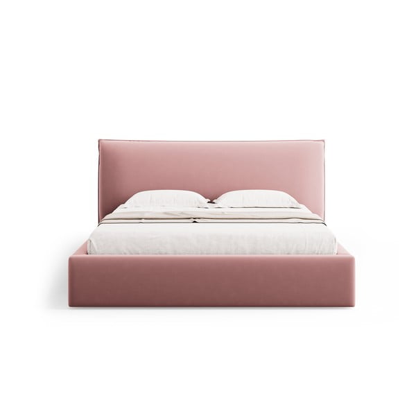 Różowe tapicerowane łóżko dwuosobowe ze schowkiem i stelażem 160x200 cm Elio – Milo Casa-image-3