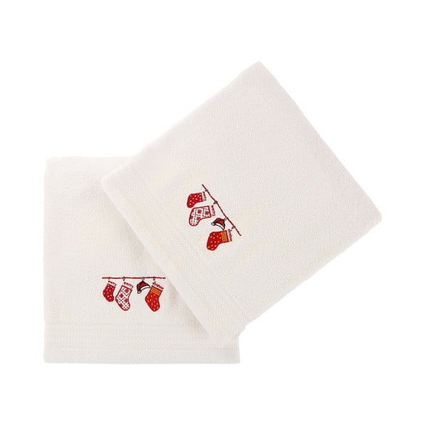 Zestaw 2 białych świątecznych ręczników Stockings, 70x140 cm