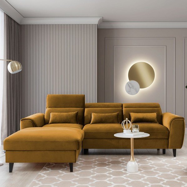 Żółty aksamitny rozkładany/ze schowkiem narożnik (lewostronny/z szezlongiem) Foble – ELTAP-image-1