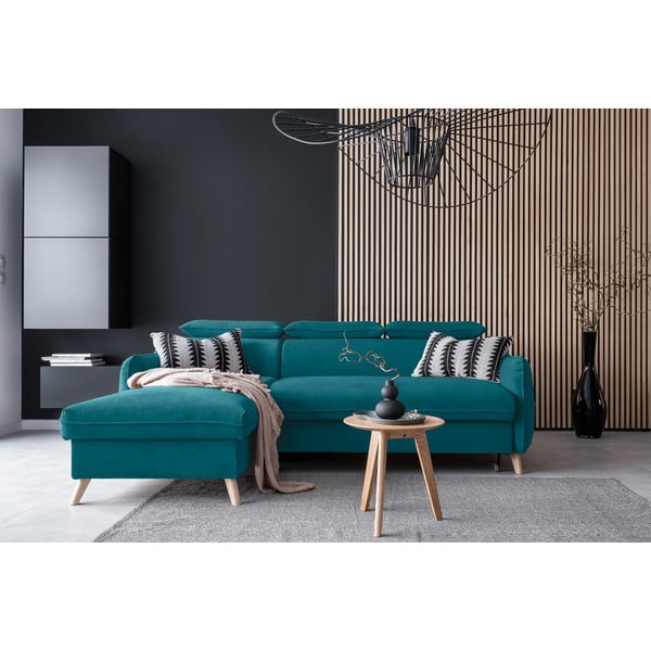 Turkusowy aksamitny rozkładany narożnik (lewostronny) Sweet Harmony – Miuform-image-1