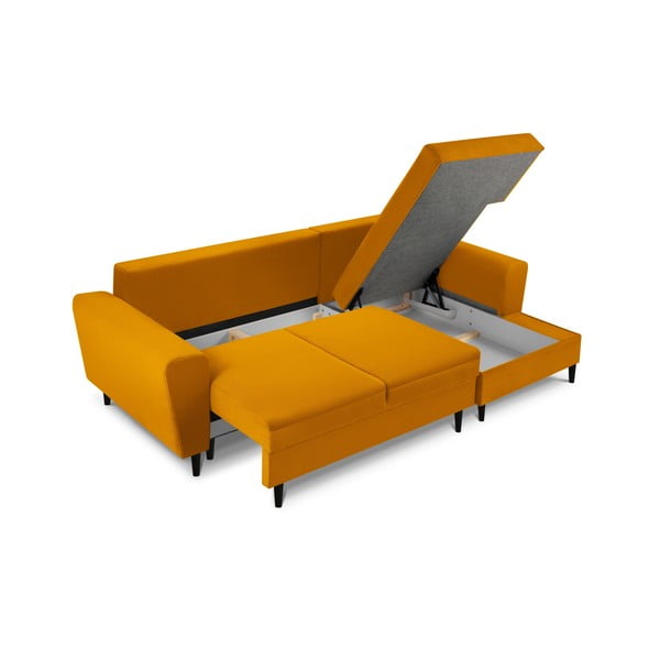 Musztardowy sztruksowy rozkładany narożnik ze schowkiem (prawostronny/z szezlongiem) Kyoto – Cosmopolitan Design-image-3