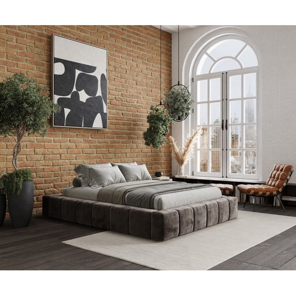 Brązowe tapicerowane łóżko dwuosobowe ze schowkiem i stelażem 200x200 cm Aruba L – Maison de Rêve-image-1