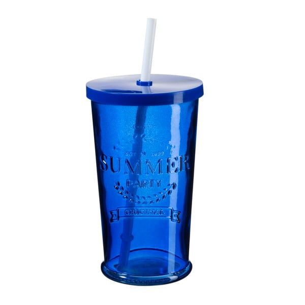Zestaw 4 niebieskich szklanek z wieczkiem i słomką SUMMER FUN II, 500 ml