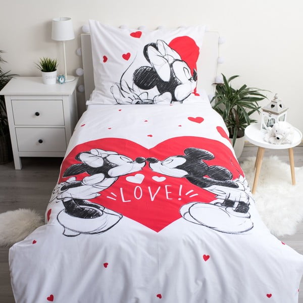 Czerwono-biała bawełniana pościel dziecięca jednoosobowa 140x200 cm Mickey and Minnie "Love" – Jerry Fabrics-image-1