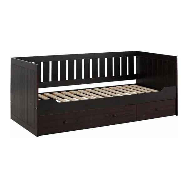 Ciemnobrązowe łóżko z litego drewna sosnowego se 3 szufladami Støraa Sabrina, 90x200 cm