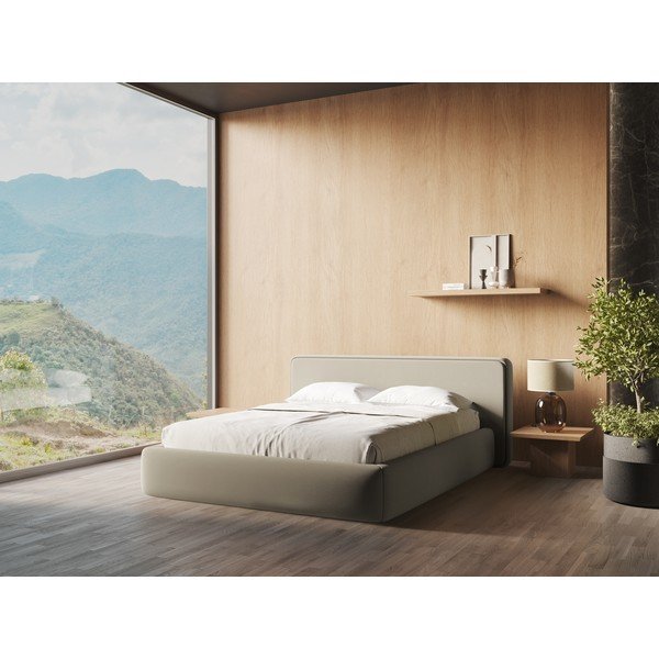 Beżowe tapicerowane łóżko dwuosobowe ze schowkiem i stelażem 180x200 cm Kiana – Makamii-image-1