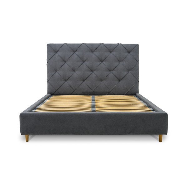 Szare tapicerowane łóżko dwuosobowe ze schowkiem i stelażem 160x200 cm Bee – Scandic-image-3