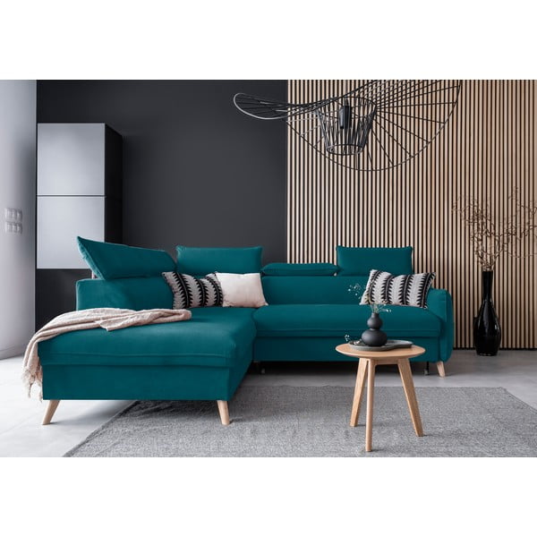 Turkusowy aksamitny rozkładany narożnik (lewostronny) Sweet Harmony – Miuform-image-1