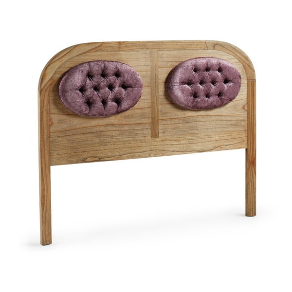 Zagłowek łóżka z drewna mindi z fioletowa tapicerką Moycor