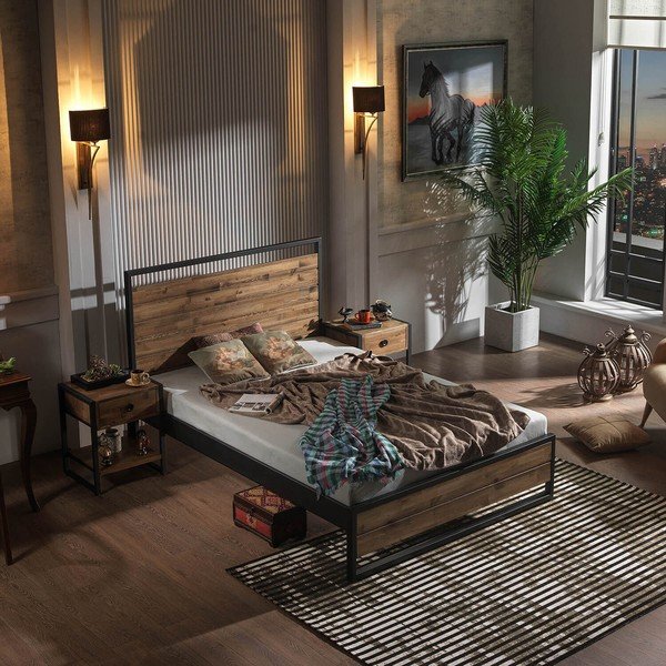 Czarno-naturalne łóżko dwuosobowe ze stelażem 140x200 cm Ariane – Kalune Design-image-3