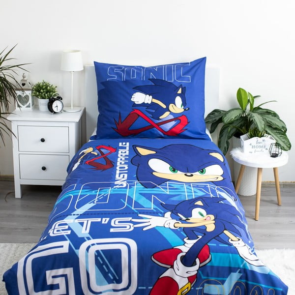 Niebieska bawełniana pościel dziecięca jednoosobowa 140x200 cm Sonic "Let´s go" – Jerry Fabrics-image-1