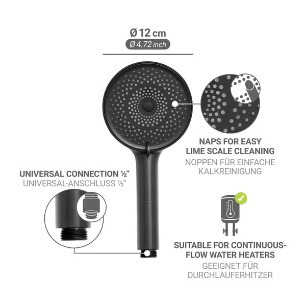 Plastikowa słuchawka prysznicowa w kolorze matowej czerni ø 12 cm Softwater – Wenko-image-3