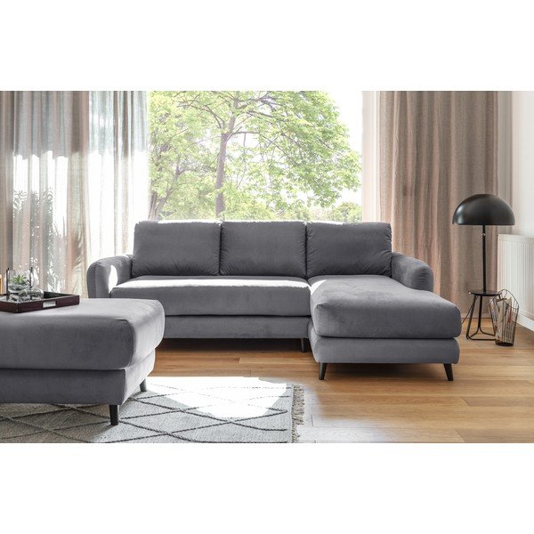 Jasnoszary aksamitny narożnik z podnóżkiem Miuform Cosy Claire, prawostronny-image-2