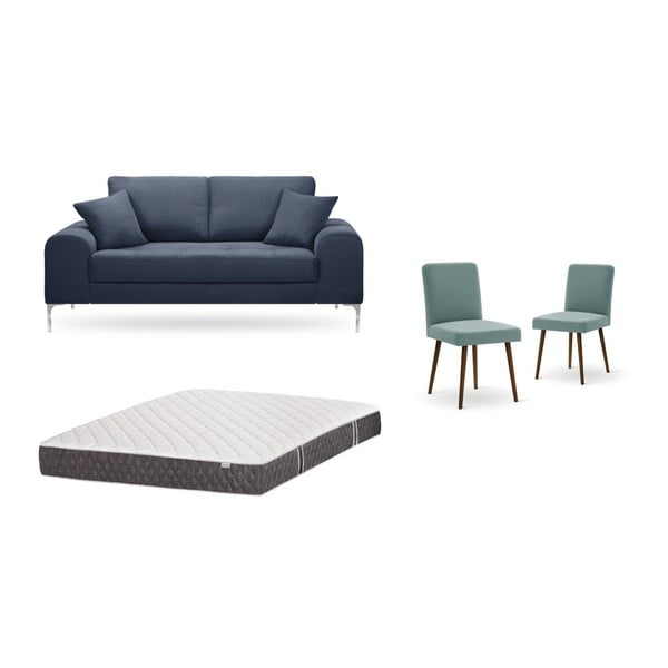 Zestaw 2-osobowej ciemnoniebieskiej sofy, 2 szarozielonych krzeseł i materaca 140x200 cm Home Essentials