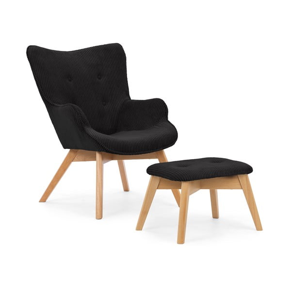 Czarny sztruksowy fotel z podnóżkiem Niko – Ropez
