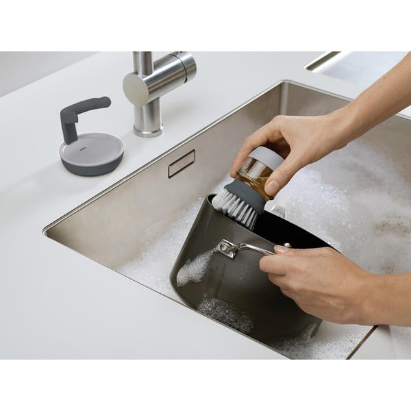 Szara szczotka do mycia naczyń z dozownikiem i stojakiem Joseph Joseph Palm Scrub-image-3