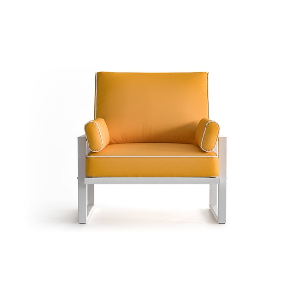 Żółty fotel ogrodowy z podłokietnikami i białą lamówką Marie Claire Home Angie
