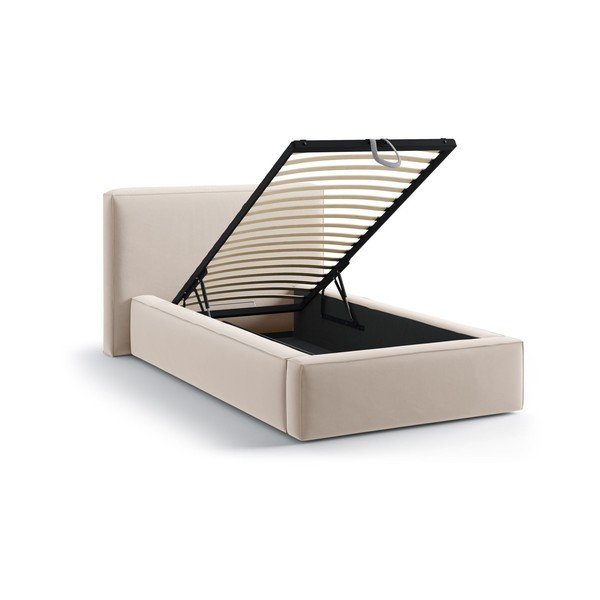 Beżowe tapicerowane łóżko jednoosobowe ze schowkiem i stelażem 90x200 cm Jodie – Micadoni -image-1
