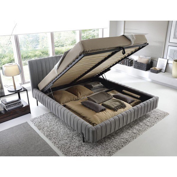 Szare tapicerowane łóżko dwuosobowe ze schowkiem ze stelażem 160x200 cm Plissa – ELTAP-image-2