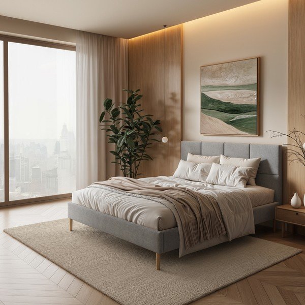Szare tapicerowane łóżko dwuosobowe ze stelażem 160x200 cm Alano – MESONICA-image-1